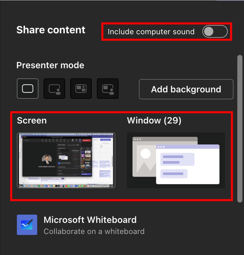 Selecting content to share in Microsoft Teams